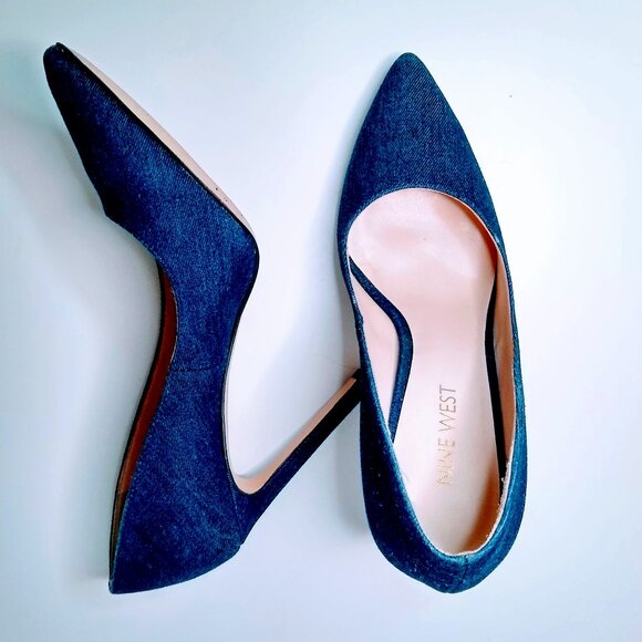 NINE WEST TATIANA STILETTO POINTY TOE BLUE DENIM DRESS PUMPS - Picture 4 of 13